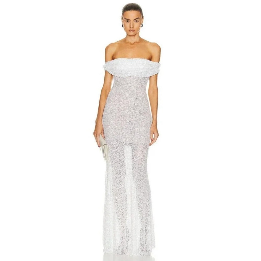 Self-Portrait Off The Shoulder Fishnet and Crystal Gown